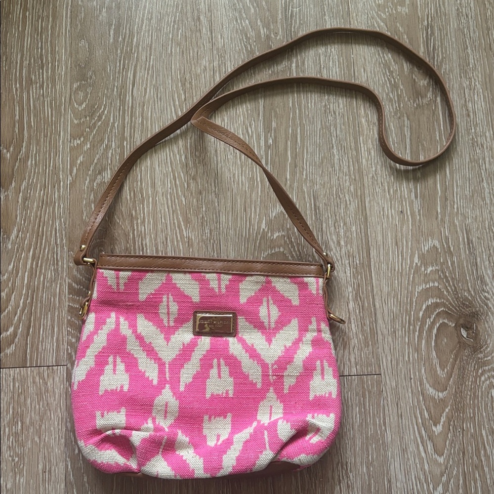 Tommy Hilfiger pink ikat boho crossbody bag, brown faux leather trim